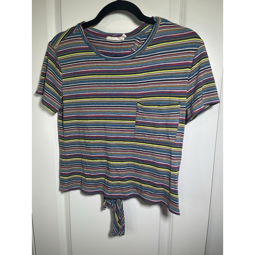 Lush Rainbow Striped Top Back Knot Size Small Short Sleeve Front‎ Pocket